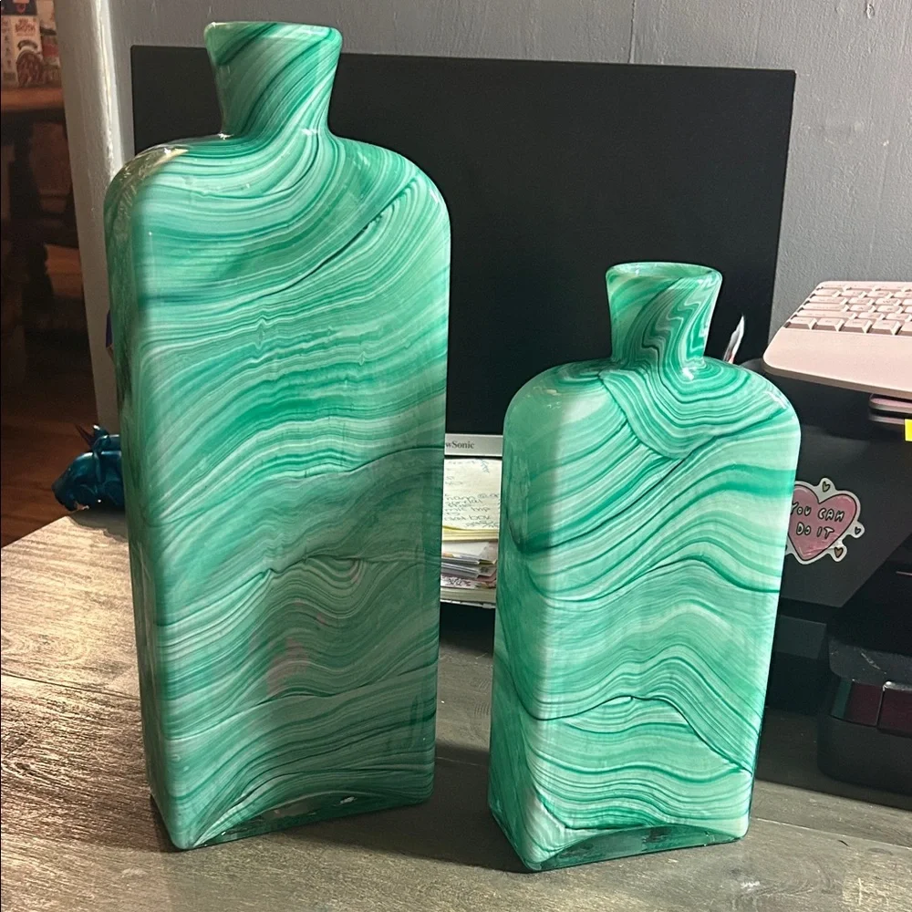 Pair of‎ Heavy Hand Blown Green Swirl Decorative Vases